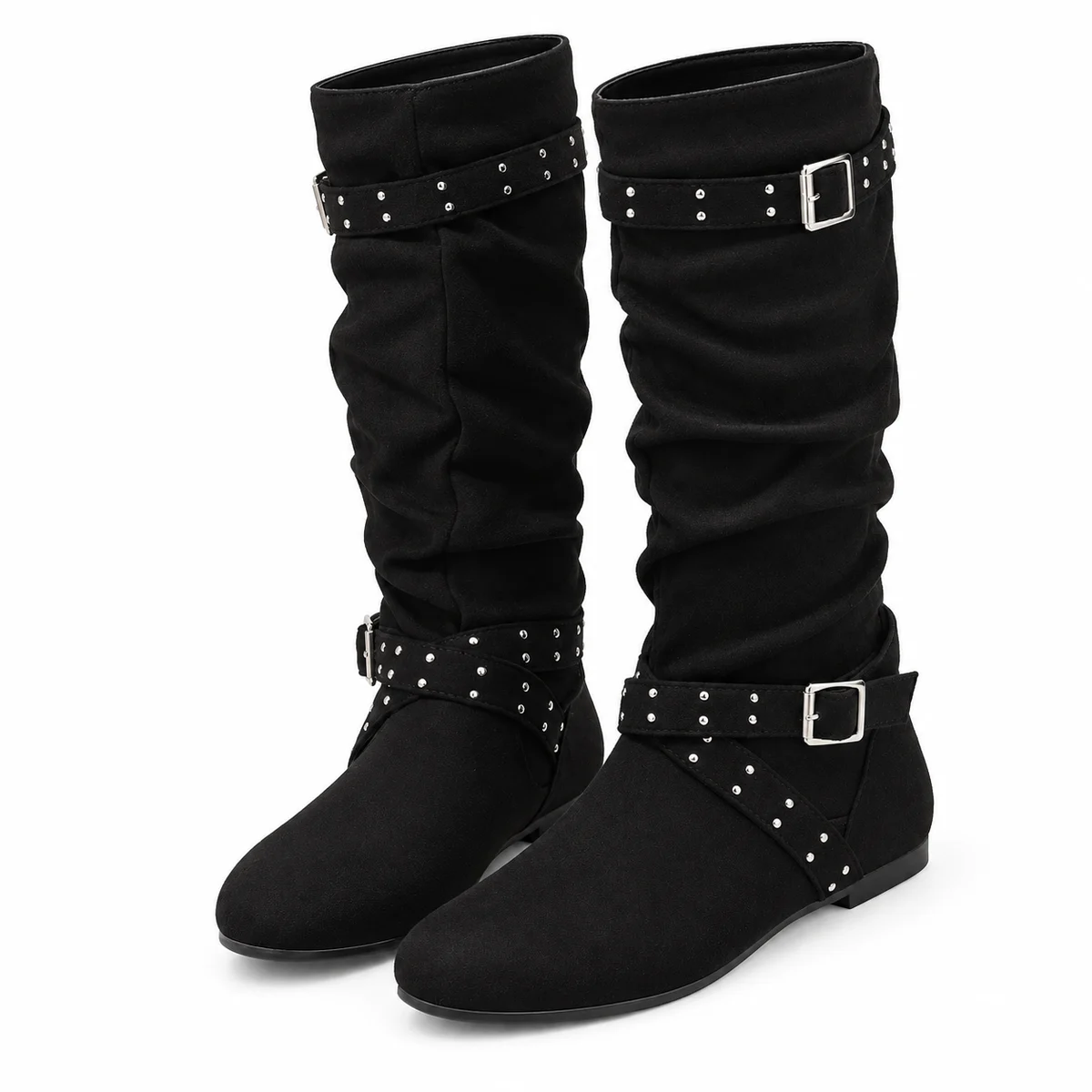 Bottes noires femme avec plissés boucle et rivets élégantes