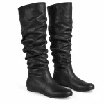 Bottes femme noires plissées avec semelle basse élégantes pour la mode féminine