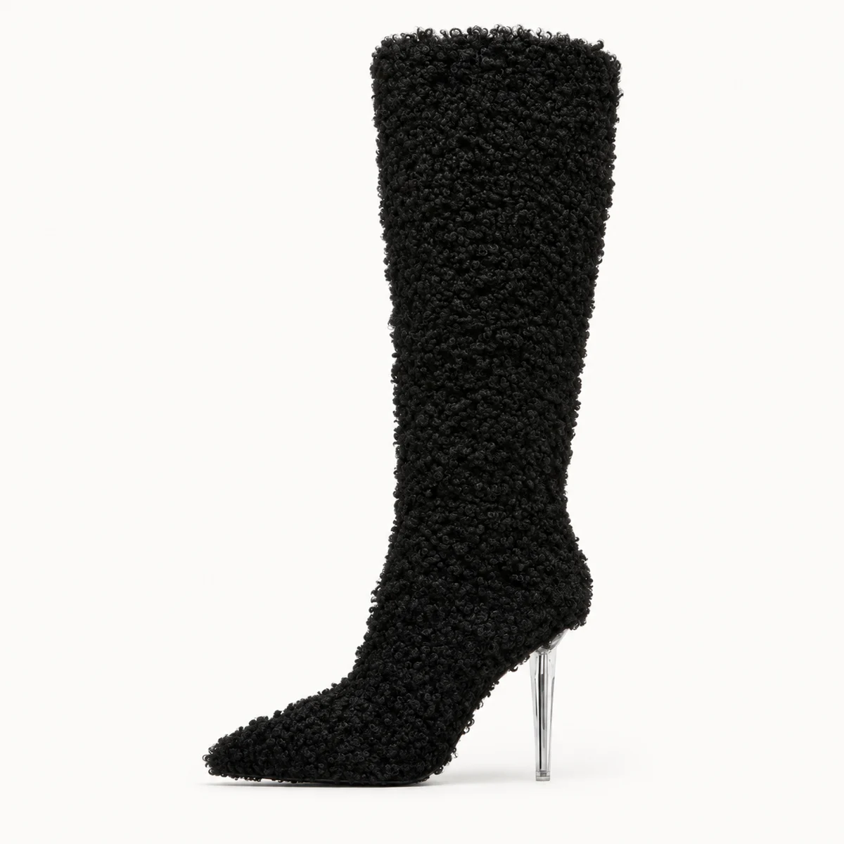 Bottes haut de gamme pour femme en noir avec détail texturé et talon fin argenté