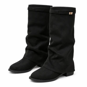 Bottes noires féminines en velours avec bride au niveau du col