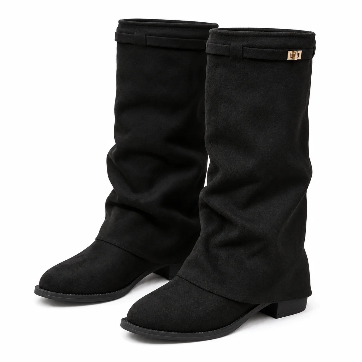 Bottes noires féminines en velours avec bride au niveau du col