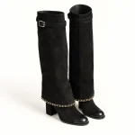 Bottes femme noires veloutées à chaîne et boucle