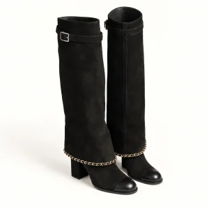 Bottes femme noires veloutées à chaîne et boucle