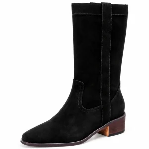 Bottes femme noires veloutées à talon bas élégantes pour hiver