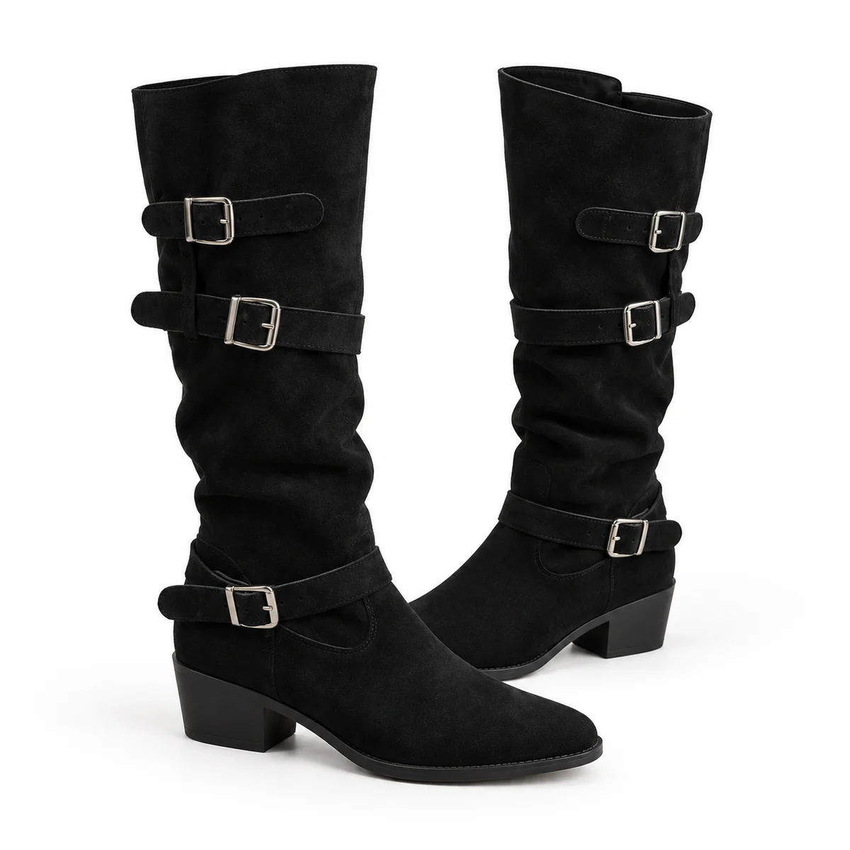 Bottes noires à trois boucles pour femme, style chic et confortable