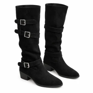 Bottes femme noires en velours avec trois boucles élégantes