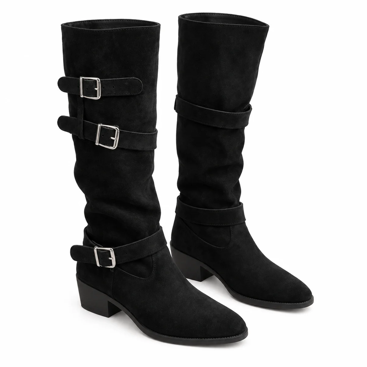 Bottes femme noires en velours avec trois boucles élégantes