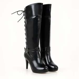 Bottes femme noires vernies à talon fin avec lacets arrière élégantes