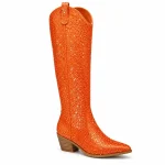 Bottes femme orange à strass et talon épais pour chic