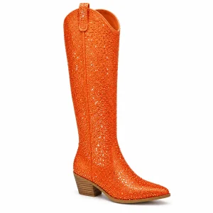 Bottes femme orange à strass et talon épais pour chic