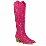 Bottes femme roses à strass avec talon épais pour femmes élégantes
