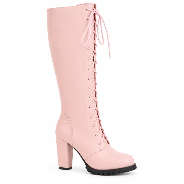 bottes femme roses hautes a lacets style punk vue de profil sur fond blanc 44771