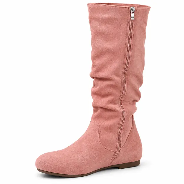 bottes femme roses plissees a talon bas detail de la matiere rose veloutee et des plis 44785
