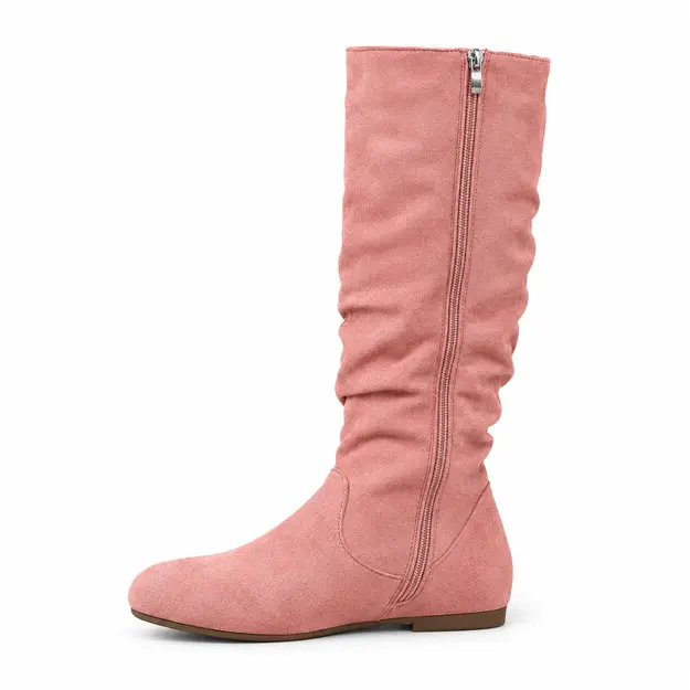 bottes femme roses plissees a talon bas vue de profil sur fond blanc 44785