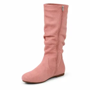 bottes femme roses plissees a talon bas vue de trois quarts sur fond blanc 44785