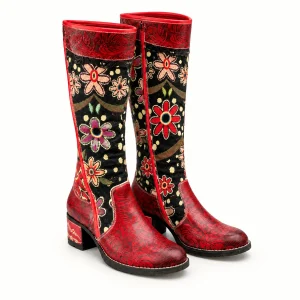Bottes femme rouges à motifs floraux avec lacets élégants