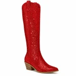 Bottes femme rouges à strass avec talon épais élégantes