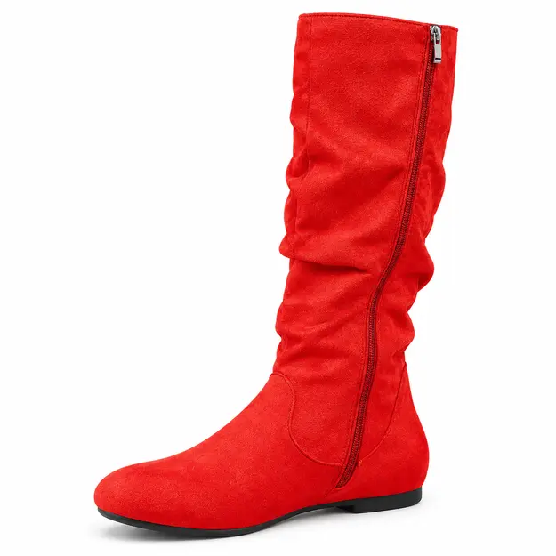bottes femme rouges plissees a talon bas detail de la matiere rouge veloutee et des plis 44784