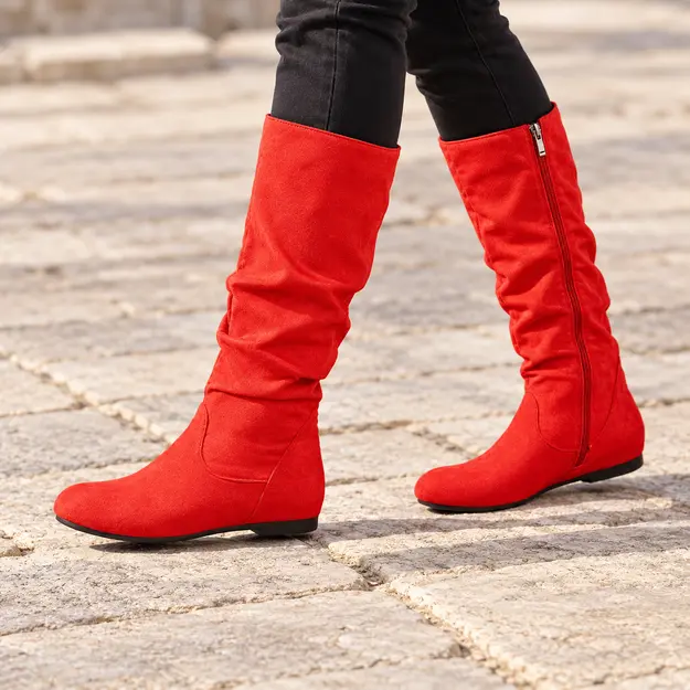 bottes femme rouges plissees a talon bas portees en marchant avec un pantalon sombre 44784