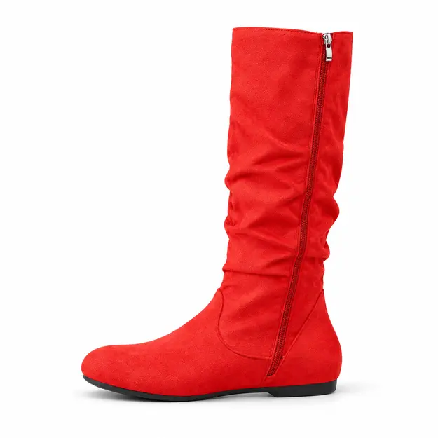 bottes femme rouges plissees a talon bas vue de profil sur fond blanc 44784