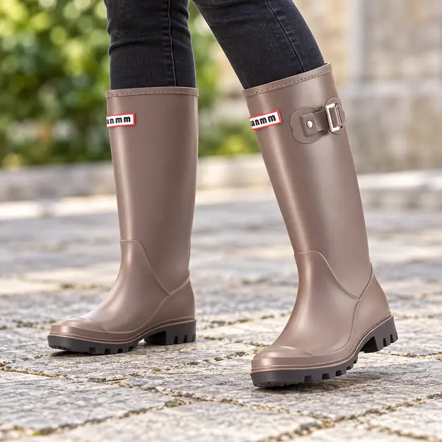 bottes femme taupe hautes a boucle portees en marchant avec un pantalon sombre 44747
