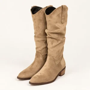 Bottes femme taupe veloutées avec col western élégantes