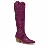 Bottes violettes à strass pour femmes avec talon épais élégantes