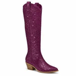 Bottes violettes à strass pour femmes avec talon épais élégantes