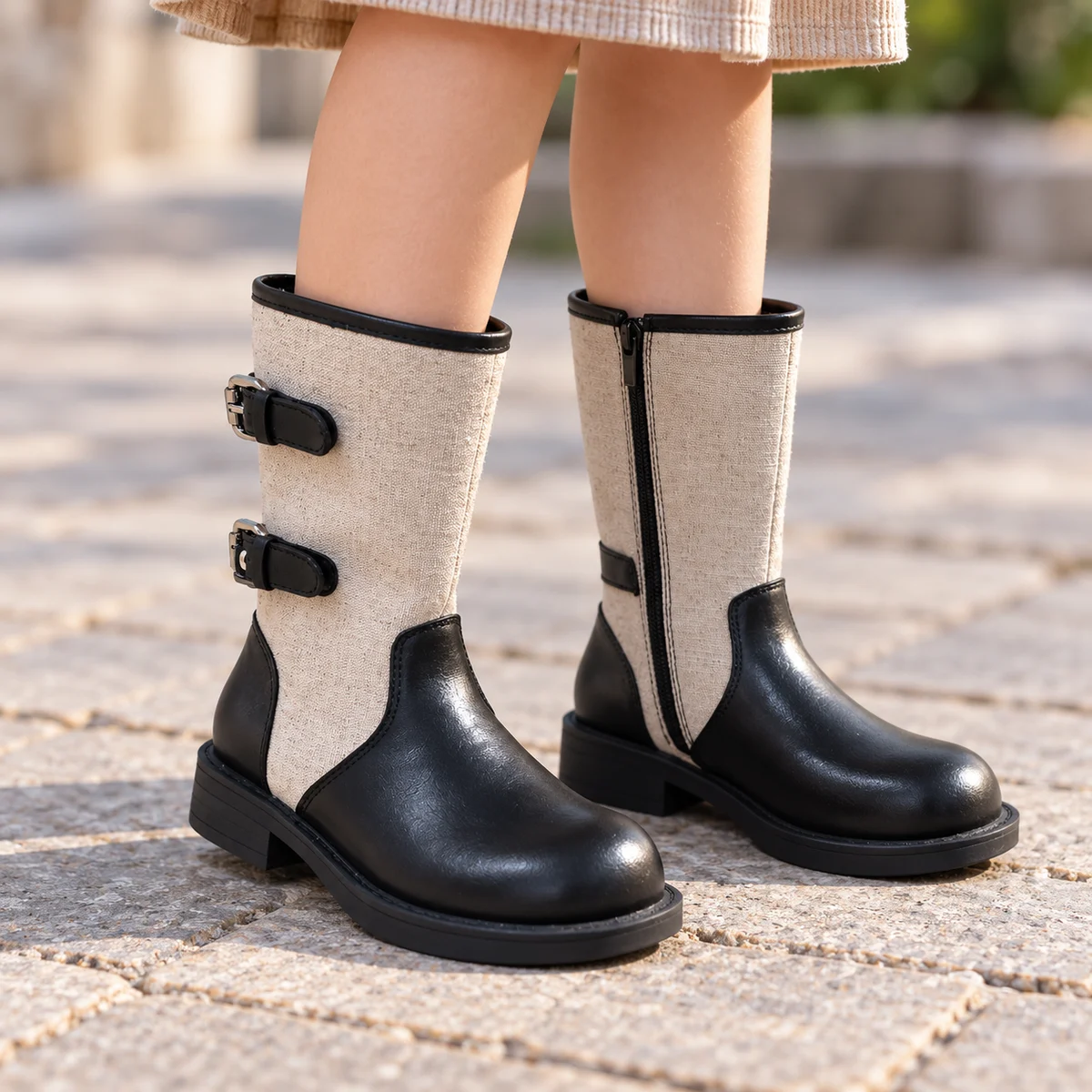 Détails des boucles et du zip sur les bottes fille bicolores