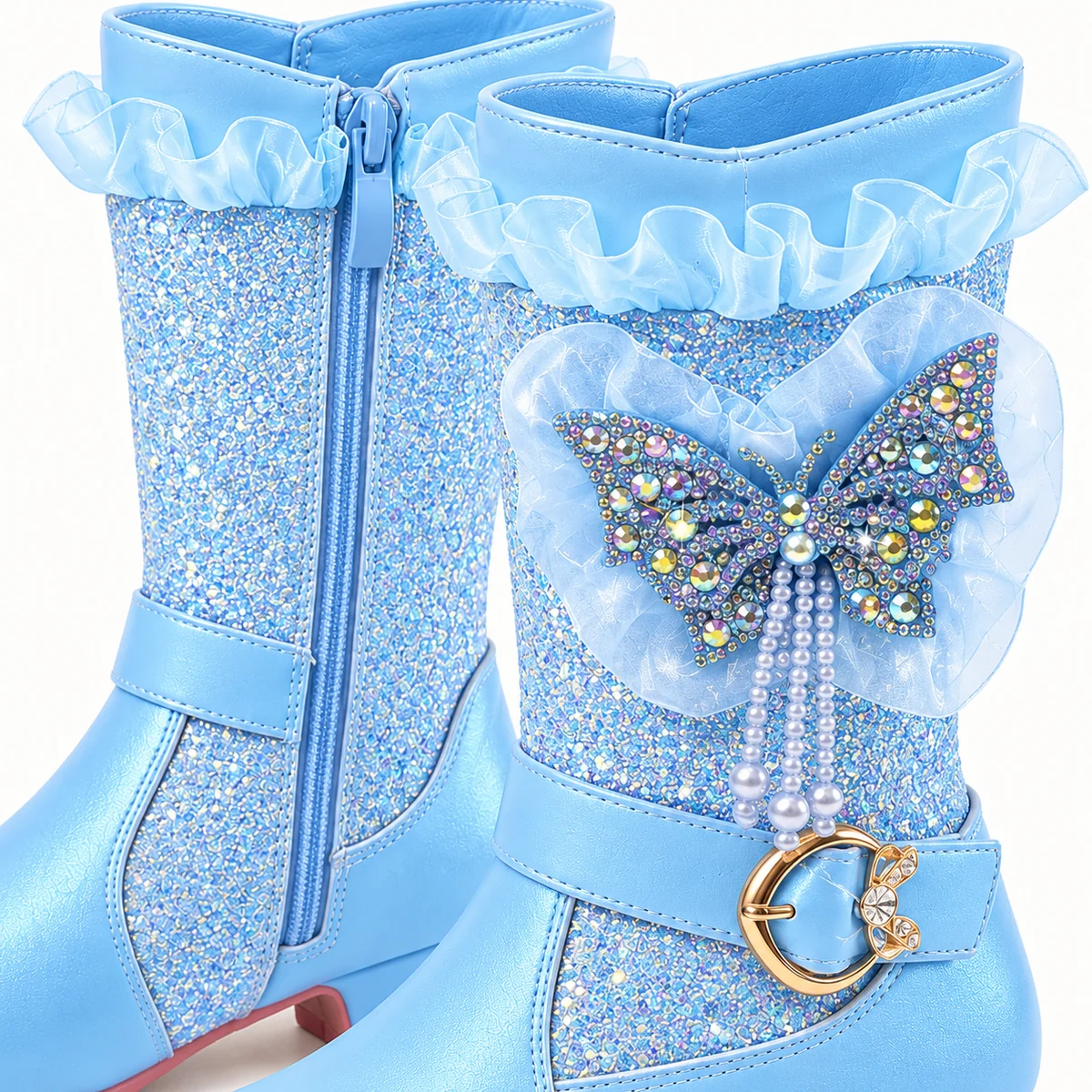 Chaussures pour enfant avec motif papillon et boucle sur bottes bleues brillantes
