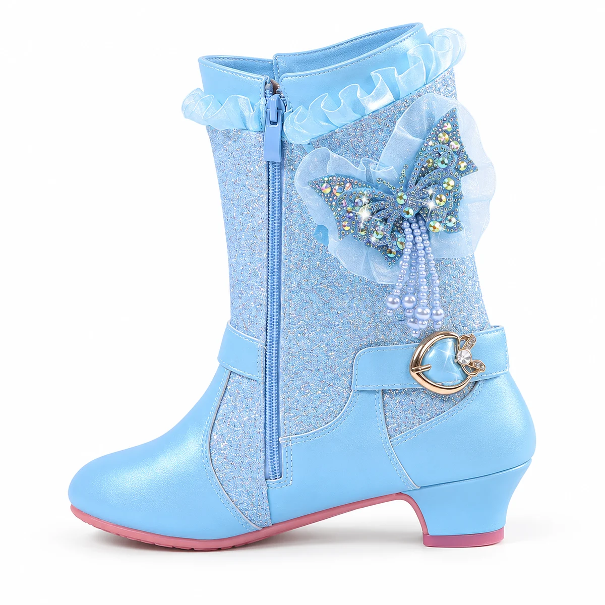 Bottes bleues à motif papillon brillant et boucle élégante pour fille