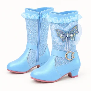 Bottes fille bleues brillantes avec papillon et boucle pour enfant