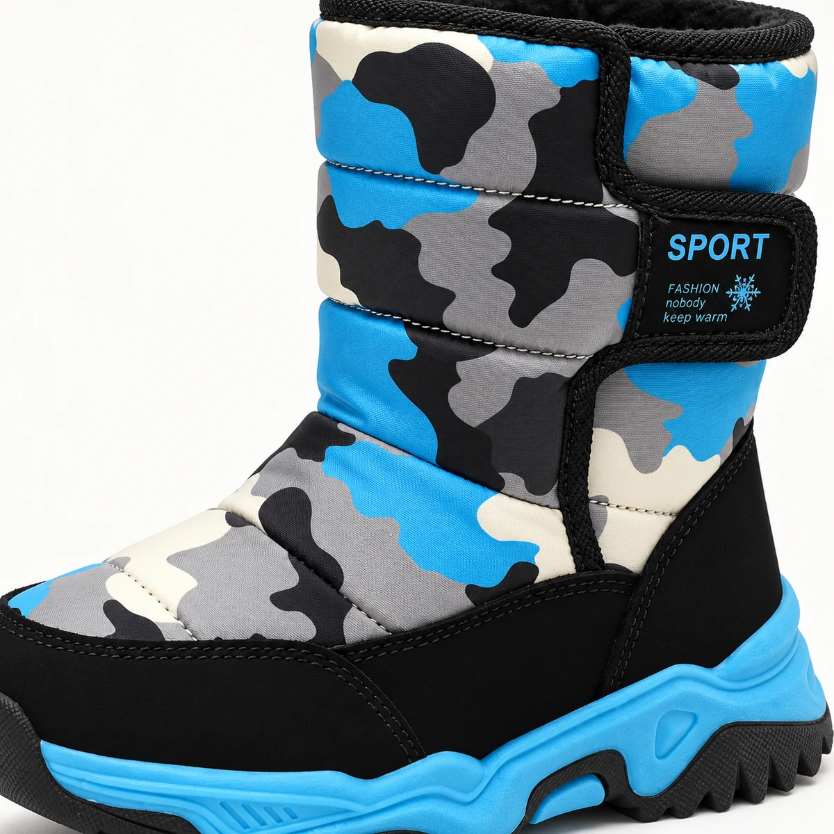 Chaussures d'hiver fille fourrées à motif camouflage bleu avec fermeture facile