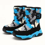 Bottes fille fourrées à camouflage bleu avec scratch pour hiver