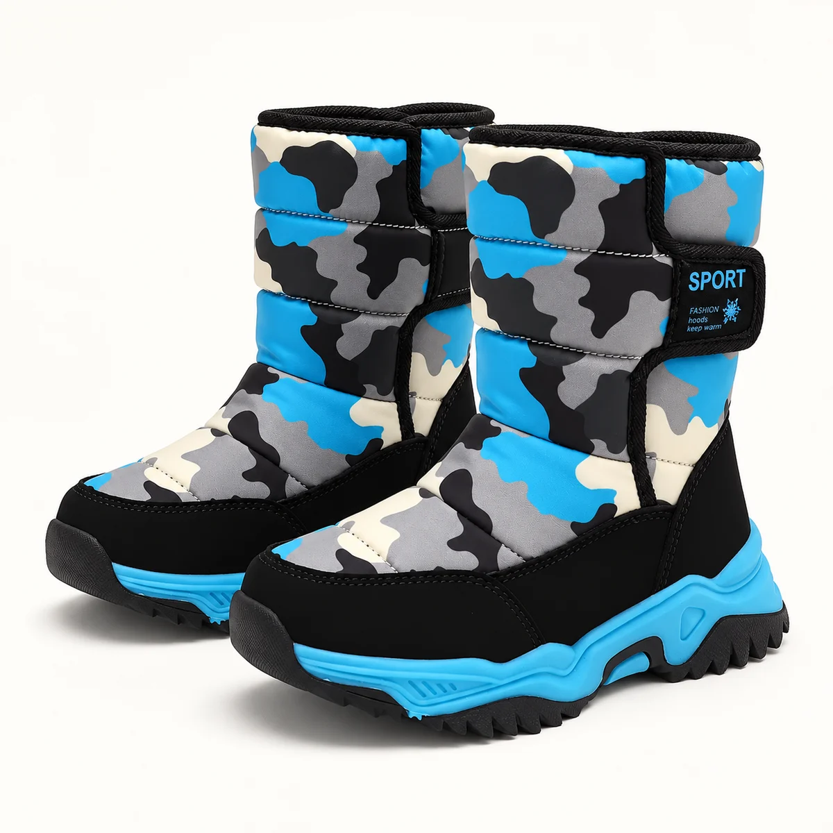 Bottes fille fourrées à camouflage bleu avec scratch pour hiver