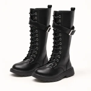 Bottes filles noires hautes à lacets et bride élégantes