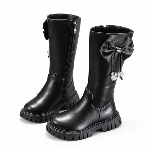 Bottes hautes noires pour fille avec nœud et zip élégantes