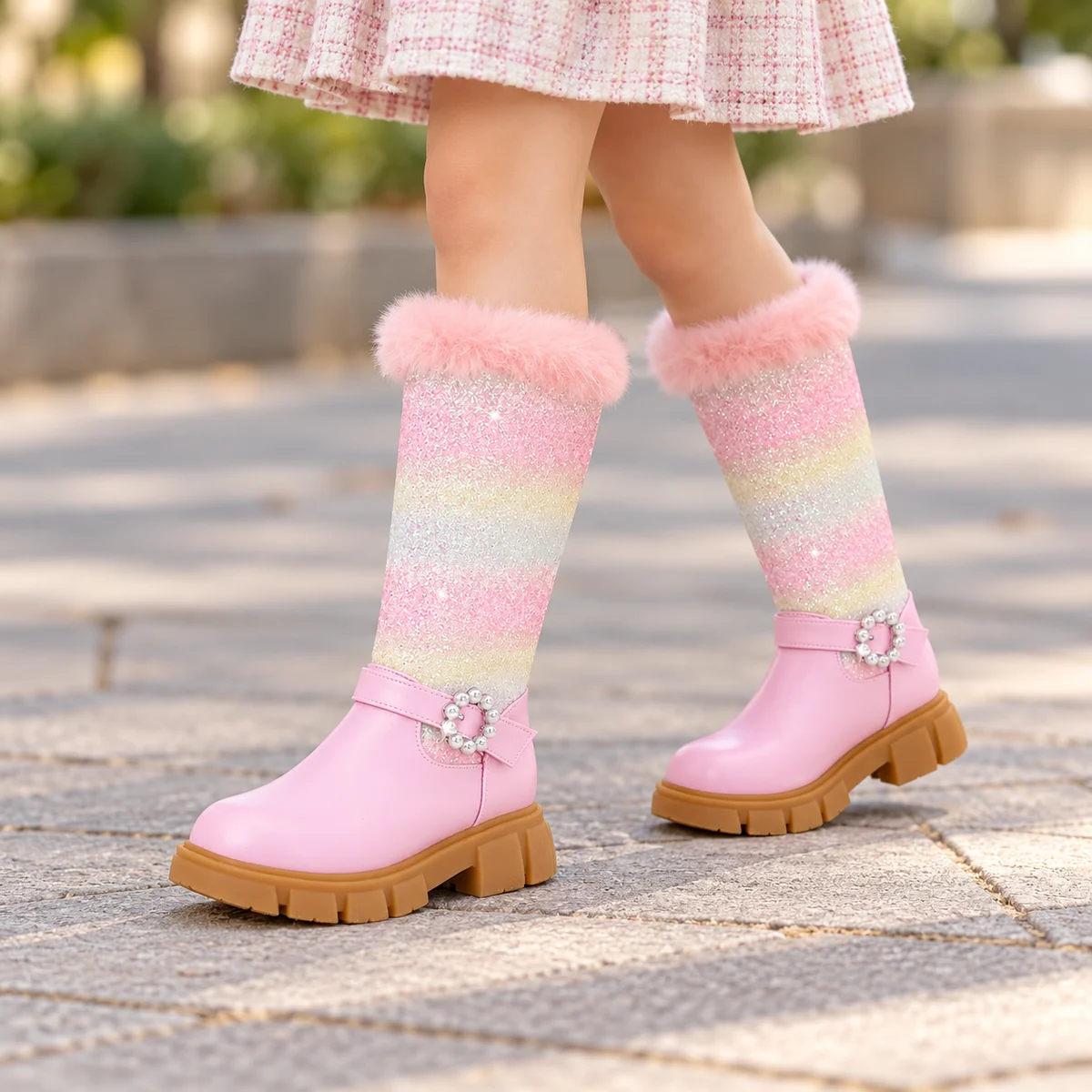 Chaussures fille roses avec tige haute et motifs multicolores