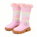 Bottes fille roses hautes à tige multicolore pour l'hiver