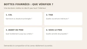 Quatre zones à vérifier dans une botte fourrée : col, intérieur de la tige, avant du pied et semelle de propreté.