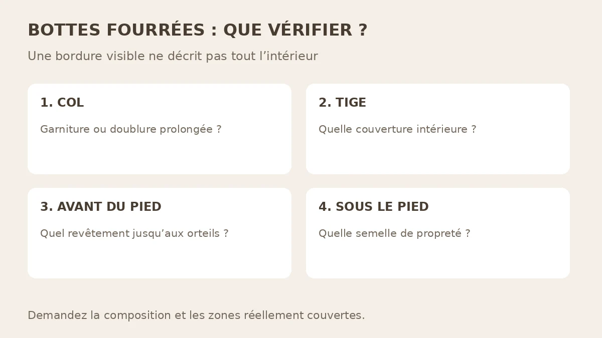 Quatre zones à vérifier dans une botte fourrée : col, intérieur de la tige, avant du pied et semelle de propreté.