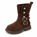 bottes garcon cafe a boucle et doublure coton vue de trois quarts sur fond blanc 44714