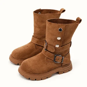 Bottes garçon marron à brides et boutons décoratifs en cuir