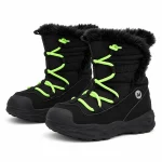 Bottes garçon noires fourrées à laçage vert pour l'hiver