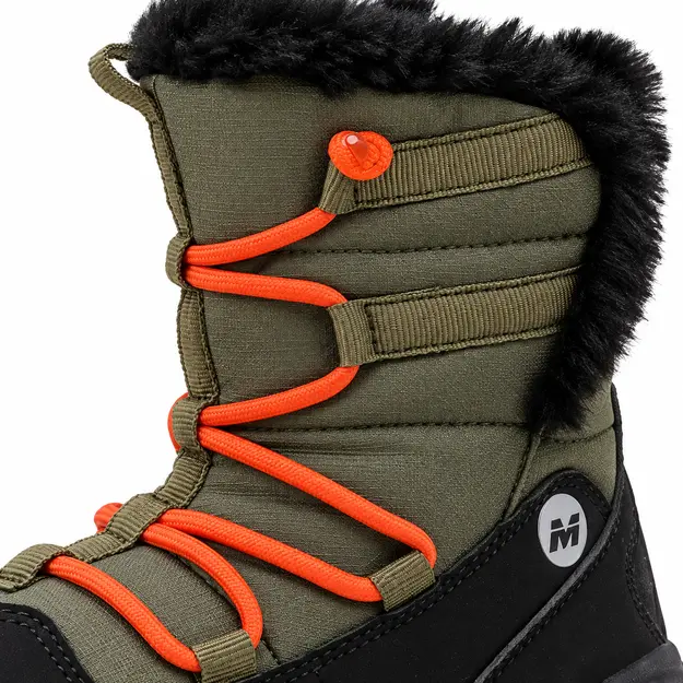 bottes garcon vert kaki doublees en microfibre detail du lacage orange et de la tige matelassee 44709