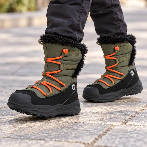 bottes garcon vert kaki doublees en microfibre portees en marchant avec un pantalon sombre 44709
