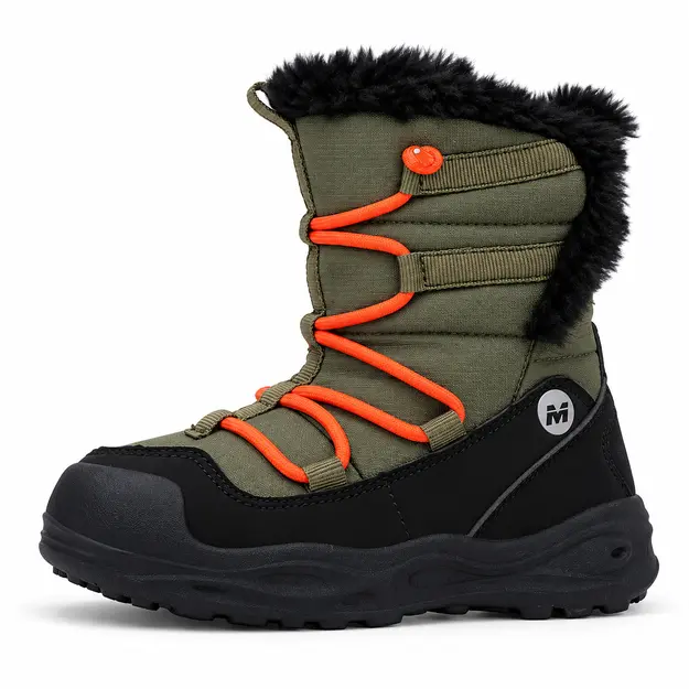 bottes garcon vert kaki doublees en microfibre vue de profil sur fond blanc 44709