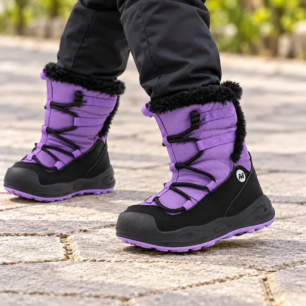 bottes garcon violettes doublees en microfibre portees en marchant avec un pantalon sombre 44708