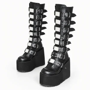 Bottes gothiques féminines noires mates à plateforme avec boucle en cuir