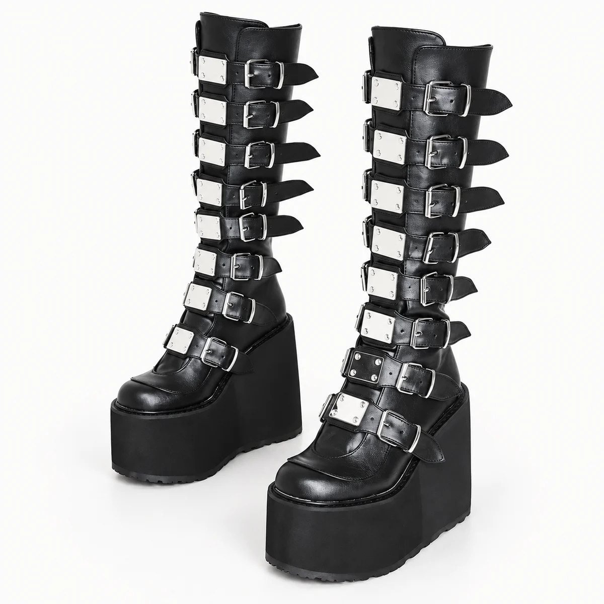 Bottes gothiques féminines noires mates à plateforme avec boucle en cuir